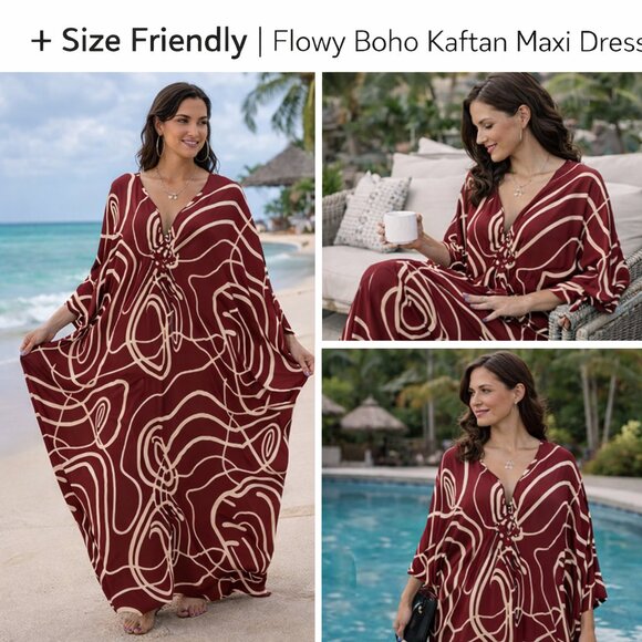 Flowy Boho Kaftan Maxi Dress | One Size | Beach, Lounge & Vacation Ready - Picture 6 of 6